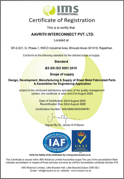 Aavritii Interconnect ISO 9001:2015 certificate of registration