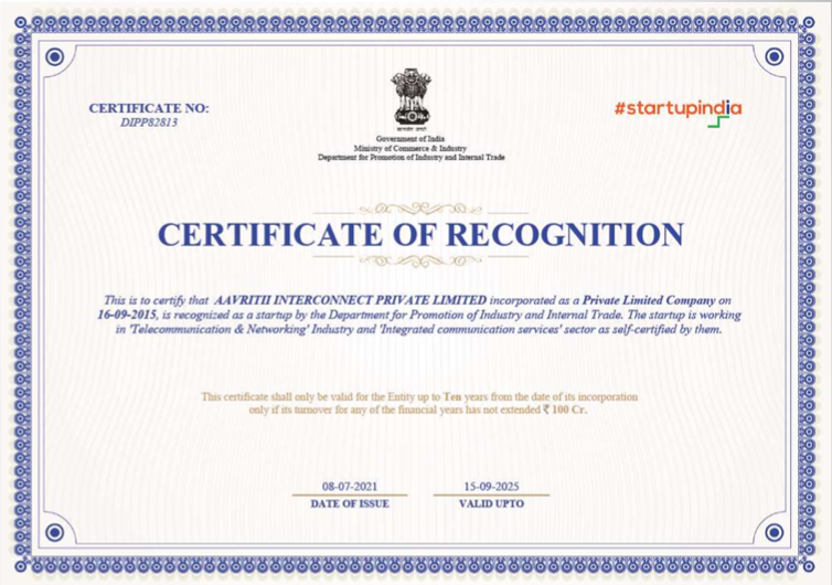 Aavritii Interconnect Startup India certificate of recognition